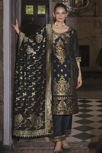 Black color ethnic woven designer banarasi silk beautiful readymade suit