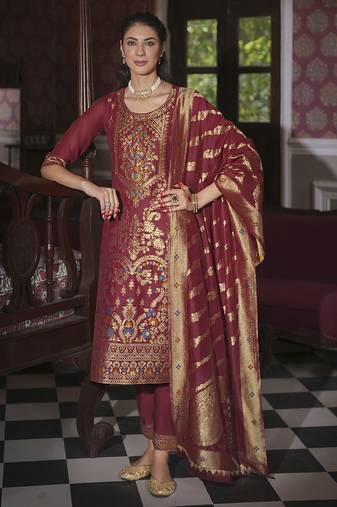 Maroon color ethnic woven designer banarasi silk beautiful readymade suit
