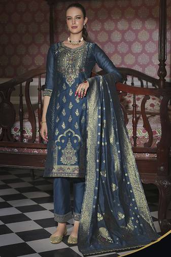 Teal color ethnic woven designer banarasi silk beautiful readymade suit