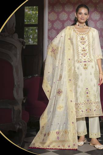 Cream color ethnic woven designer banarasi silk beautiful readymade suit