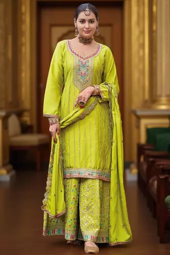 Lemon color chinon fabric designer embroidery work graceful palazzo dress