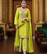 Lemon color chinon fabric embroidery work graceful palazzo dress