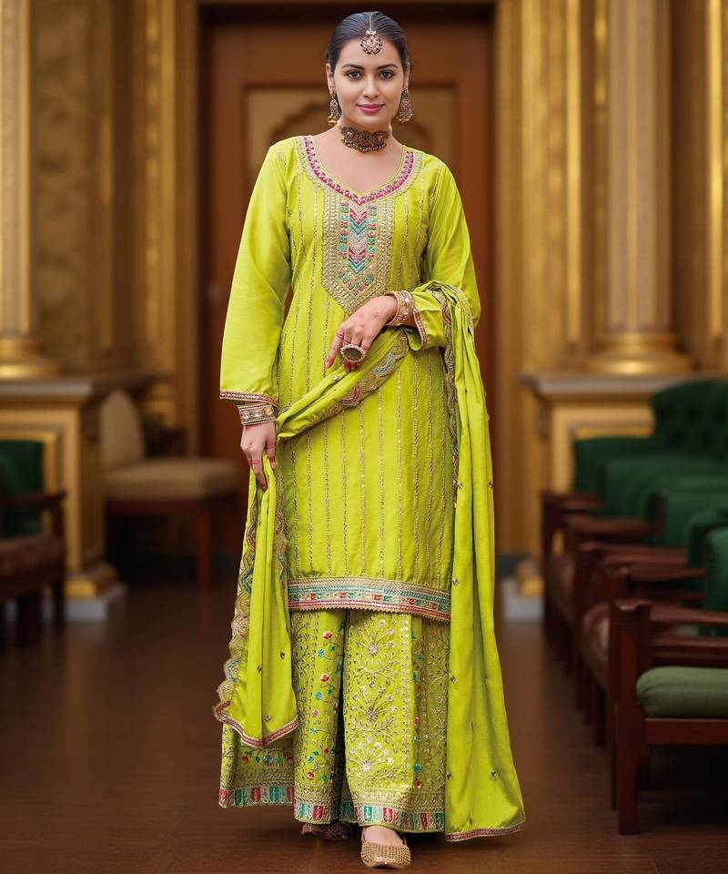 Lemon color chinon fabric designer embroidery work graceful palazzo dress