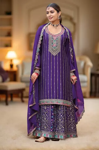 Violet color chinon fabric designer embroidery work graceful palazzo dress