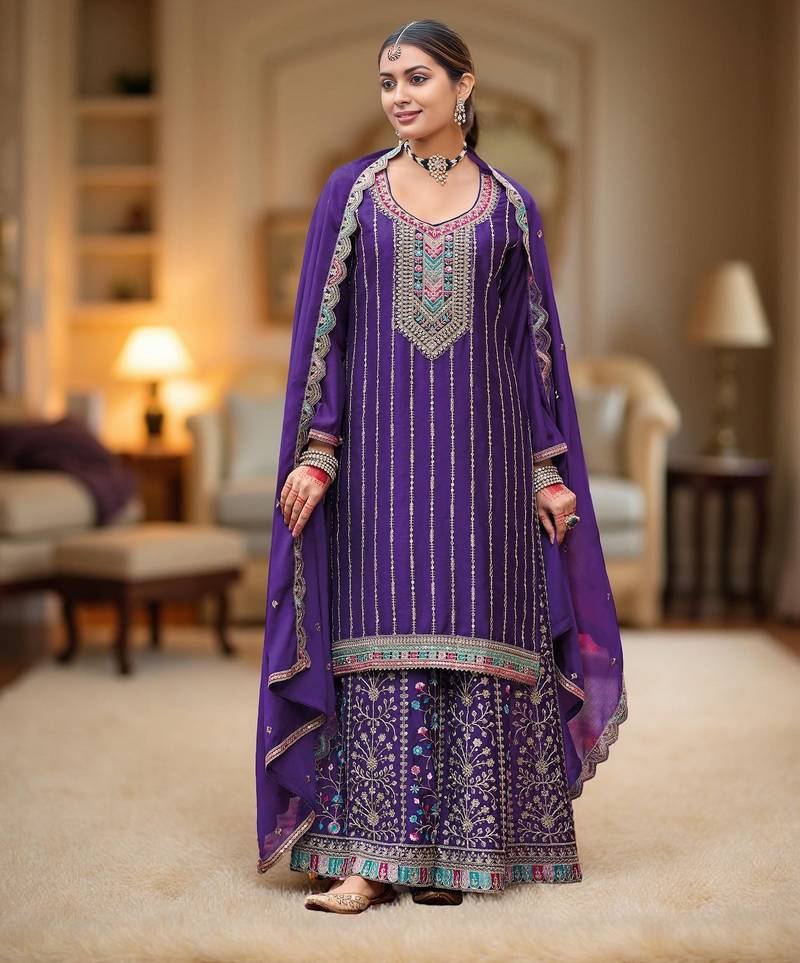 Violet color chinon fabric designer embroidery work graceful palazzo dress
