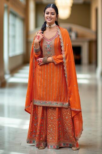 Orange color chinon fabric designer embroidery work graceful palazzo dress