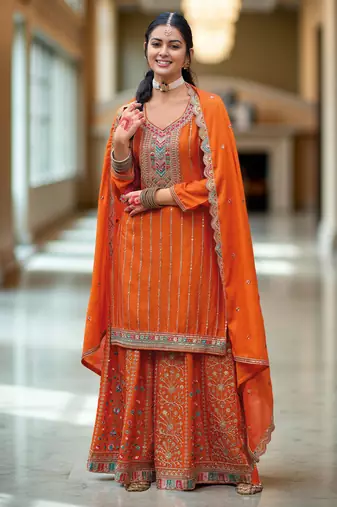 Orange color chinon fabric designer embroidery work graceful palazzo dress