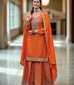 Orange color chinon fabric embroidery work graceful palazzo dress
