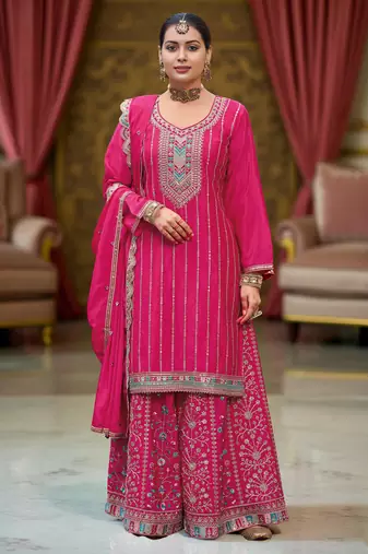 Pink color chinon fabric designer embroidery work graceful palazzo dress