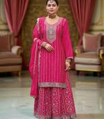 Pink color chinon fabric embroidery work graceful palazzo dress