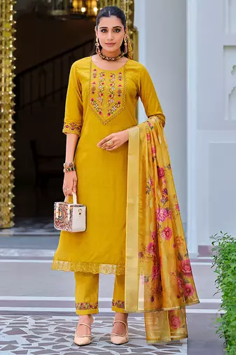 Yellow color viscose fabric designer embroidered readymade suit