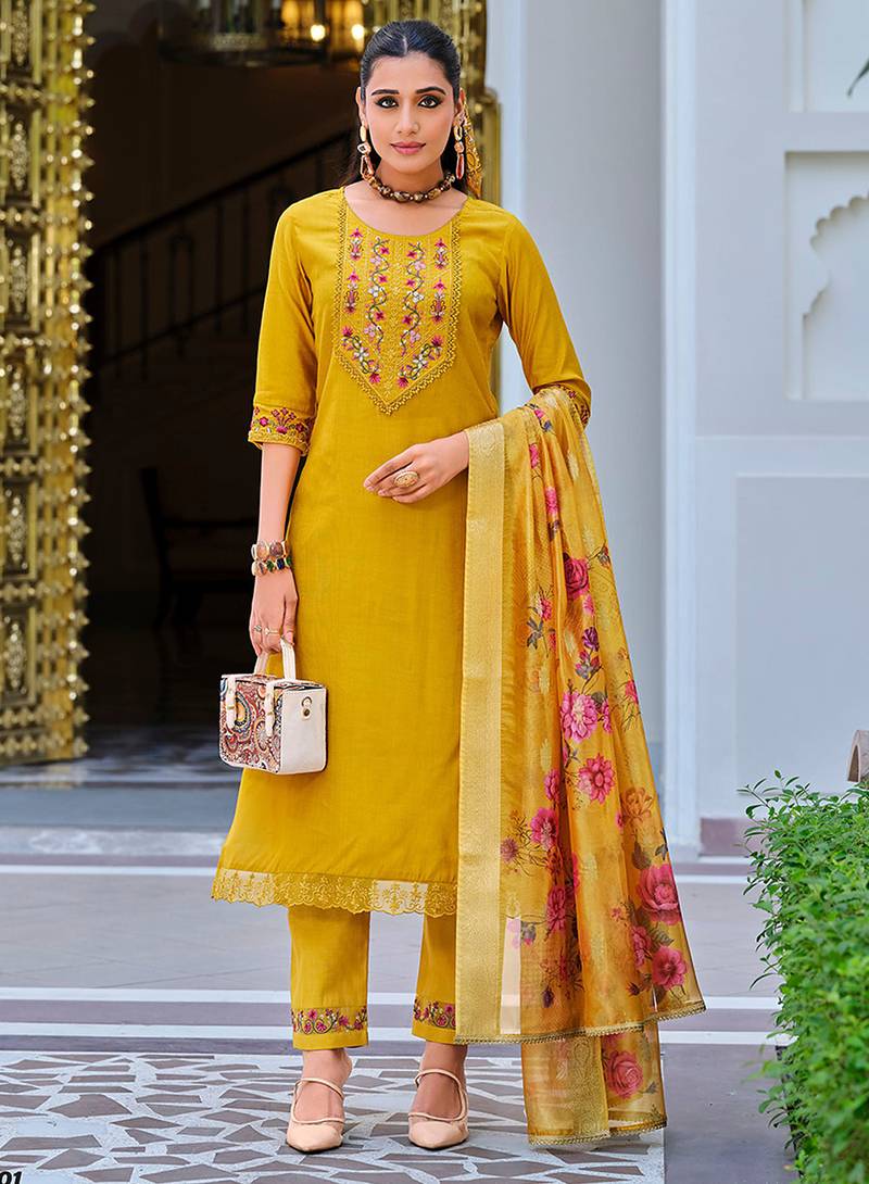 Yellow color viscose fabric designer embroidered readymade suit