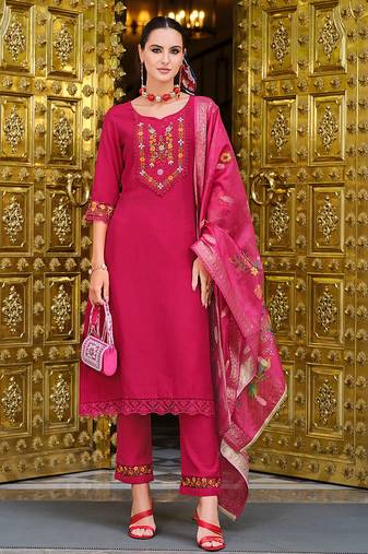 Pink color viscose fabric designer embroidered readymade suit