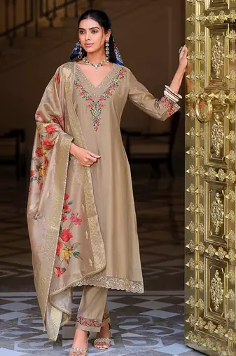 Brown color viscose fabric designer embroidered readymade suit
