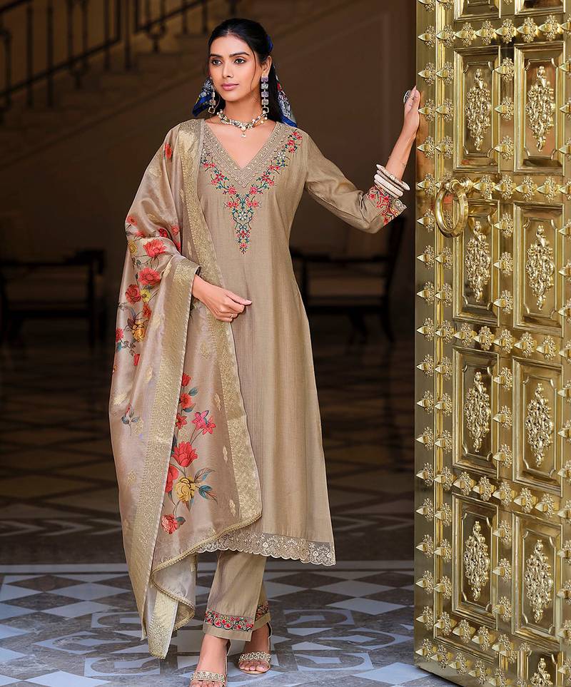 Brown color viscose fabric designer embroidered readymade suit