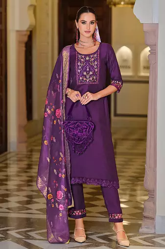 Purple color viscose fabric designer embroidered readymade suit