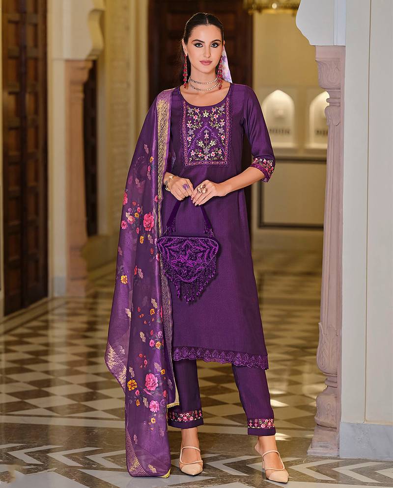 Purple color viscose fabric designer embroidered readymade suit
