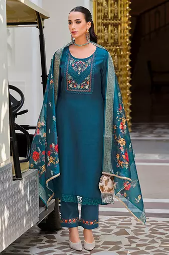 Teal color viscose fabric designer embroidered readymade suit