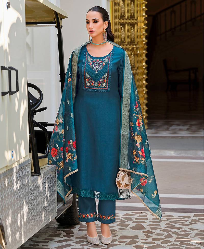 Teal color viscose fabric designer embroidered readymade suit