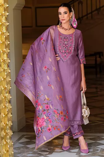 Lavender color viscose fabric designer embroidered readymade suit