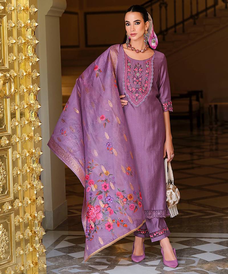 Lavender color viscose fabric designer embroidered readymade suit