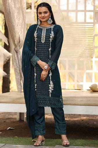 Teal color georgette fabric beautiful embroidered free size stitched suit
