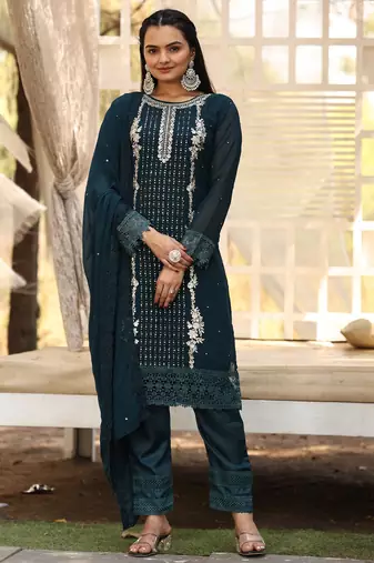 Teal color georgette fabric beautiful embroidered free size stitched suit