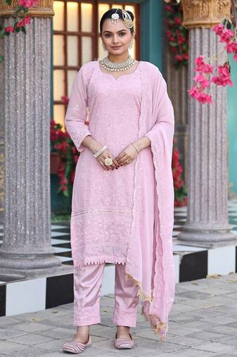 Pink color georgette fabric beautiful embroidered free size stitched suit