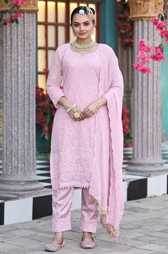 Pink color georgette fabric beautiful embroidered free size stitched suit