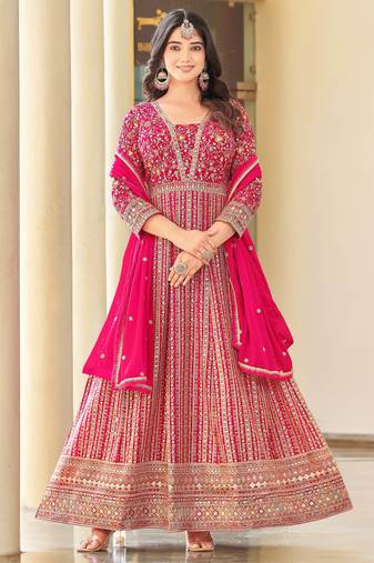 Pink color beautiful embroidered georgette fabric free size stitched anarkali dress