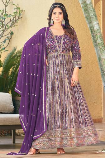 Purple color beautiful embroidered georgette fabric free size stitched anarkali dress