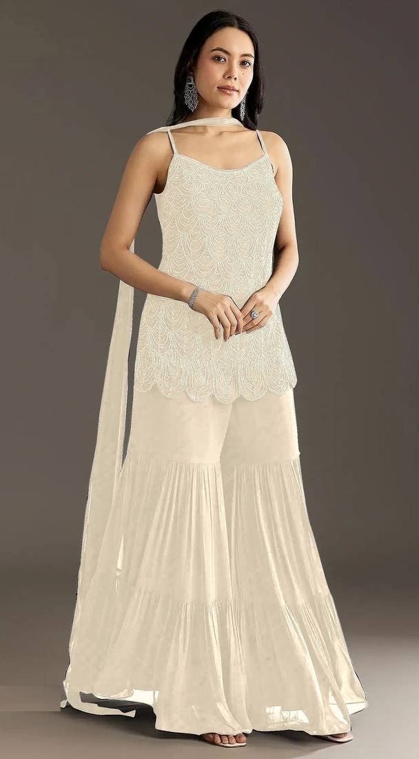 Off white color beautiful bollywood style georgette fabric graceful palazzo dress