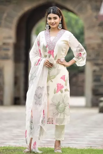 White georgette floral digital print kurta with rayon bottom & printed dupatta set