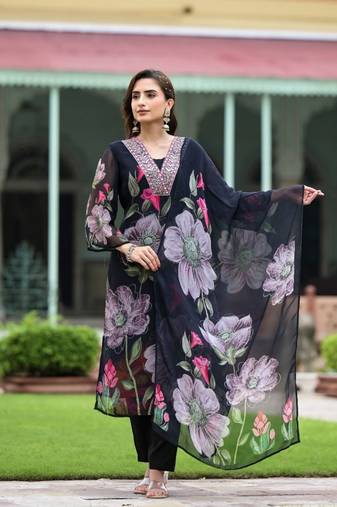 Black georgette floral digital print kurta with rayon bottom & printed dupatta set