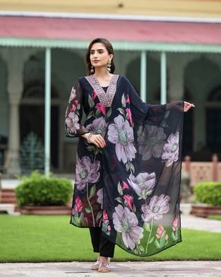 Black georgette floral digital print kurta with rayon bottom & printed dupatta set 1