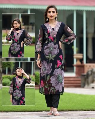 Black georgette floral digital print kurta with rayon bottom & printed dupatta set 2