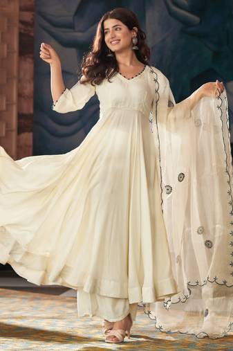 Women's Gorgeous Embroidery Vichitra Silk Fabric Flared Kurta Pant with Dupatta Set