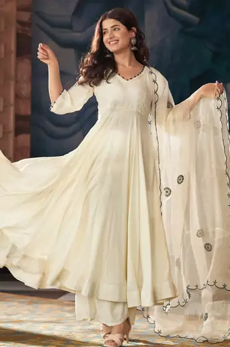 Women's Gorgeous Embroidery Vichitra Silk Fabric Flared Kurta Pant with Dupatta Set