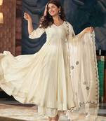 Women's Gorgeous Embroidery Vichitra Silk Fabric Flared Kurta Pant with Dupatta Set