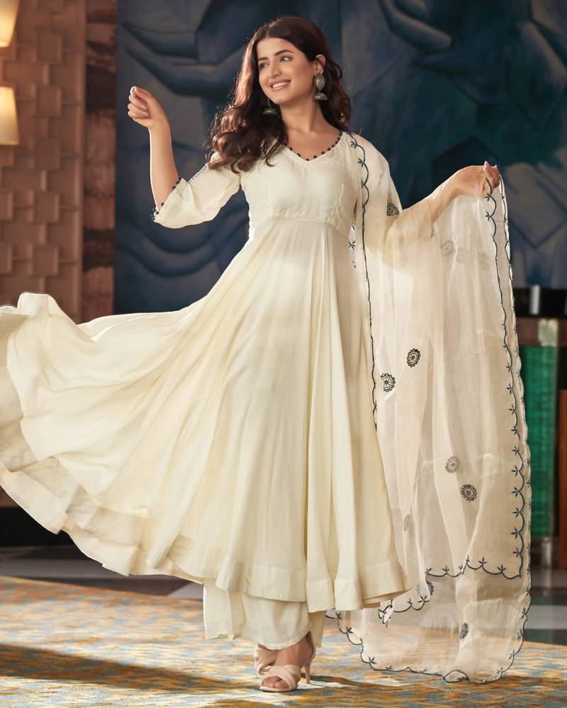 Women's Gorgeous Embroidery Vichitra Silk Fabric Flared Kurta Pant with Dupatta Set