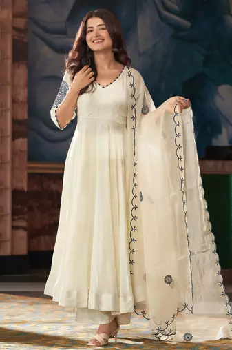 Women's  Embroidery Vichitra Silk Flared Kurta Pant with Dupatta Set