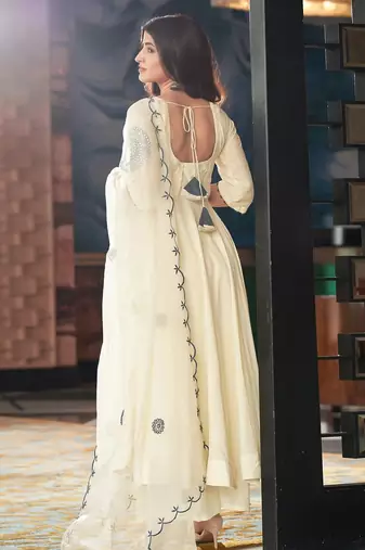 Women's  Embroidery Vichitra Silk Flared Kurta Pant with Dupatta Set