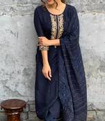 Women's Gorgeous Embroidery Viscose Chanderi Stright Kurta Pant with Dupatta Set