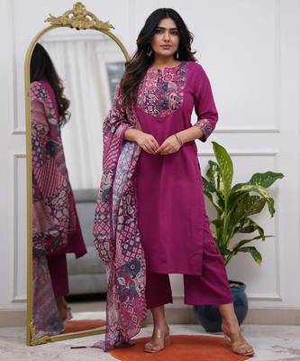Women's Gorgeous Printed Rayon Stright Kurta Pant with Dupatta Set 1