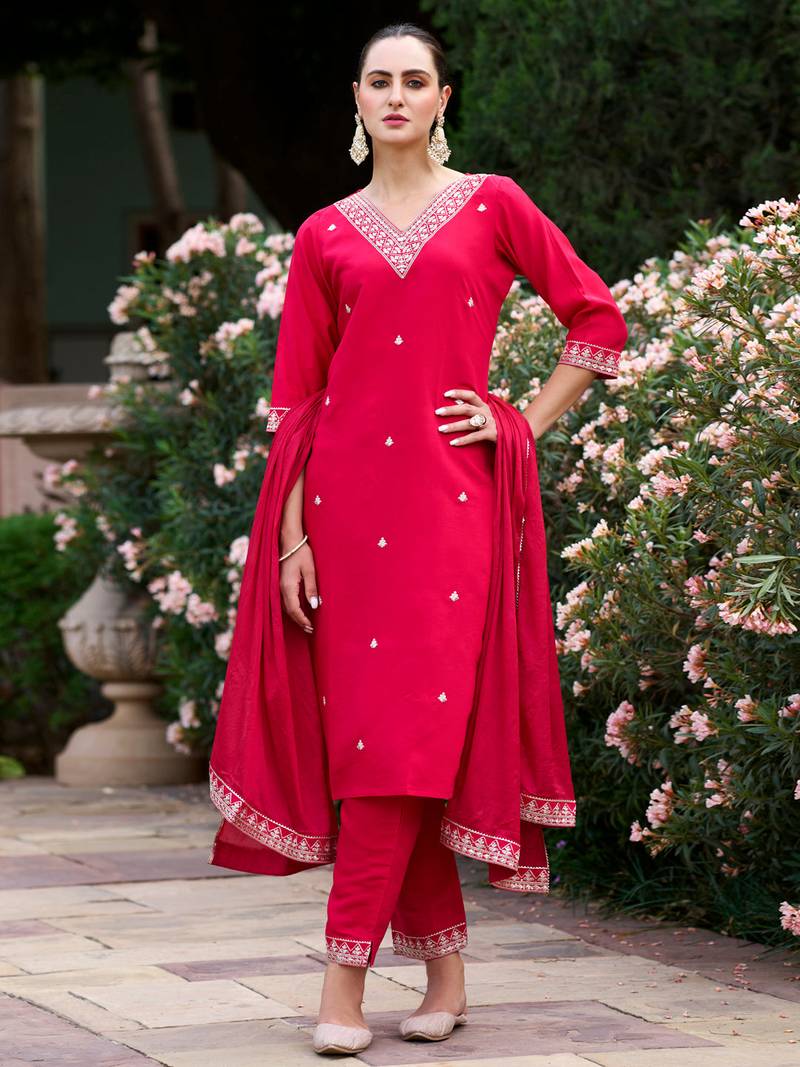 Women's Gorgeous Embroidery Rayon Slub Fabric Stright Kurta Pant with Dupatta Set