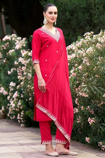 Women's  Embroidery Rayon Slub Stright Kurta Pant with Dupatta Set