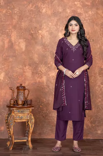 Deep wine roman silk embroidered kurta with pant & chanderi dupatta set