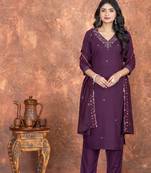 Deep wine roman silk embroidered kurta with pant & chanderi dupatta set