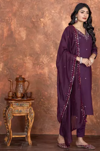 Deep wine roman silk embroidered kurta with pant & chanderi dupatta set