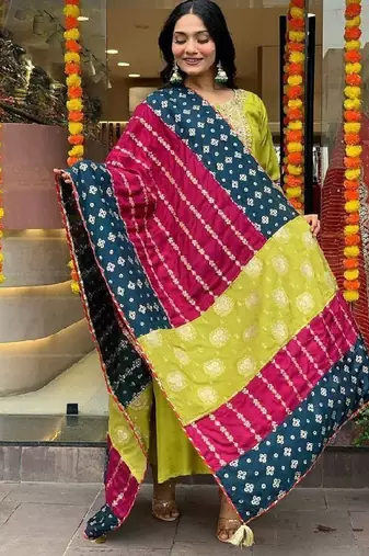 Women's  Embroidery Viscose Chanderi Stright Kurta Pant with Dupatta Set